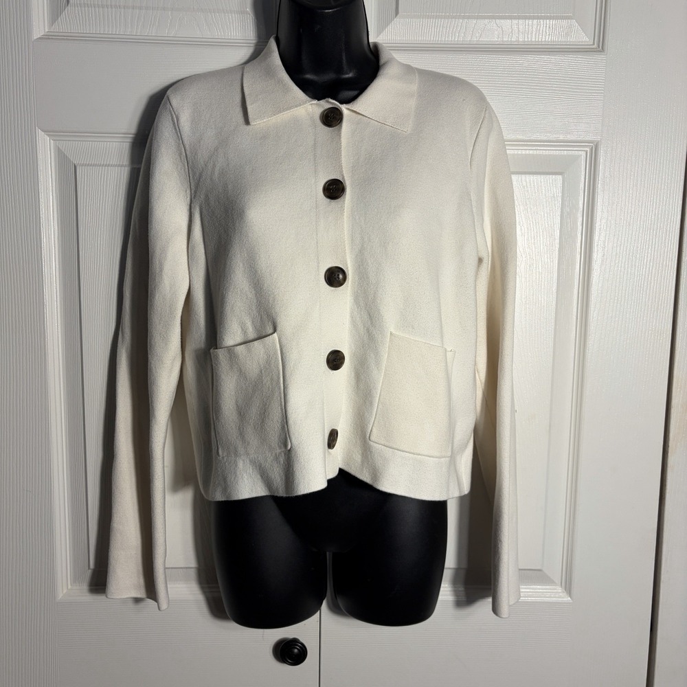 J Crew Polo Cardigan Sweater Women M Beige Cotton Button‎ Up Pockets Long Sleeve